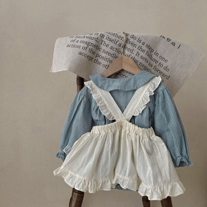 Baby Einteiler mit Knopfleiste Langarm Kleines Karomuster Strampler mit Trägerkleid