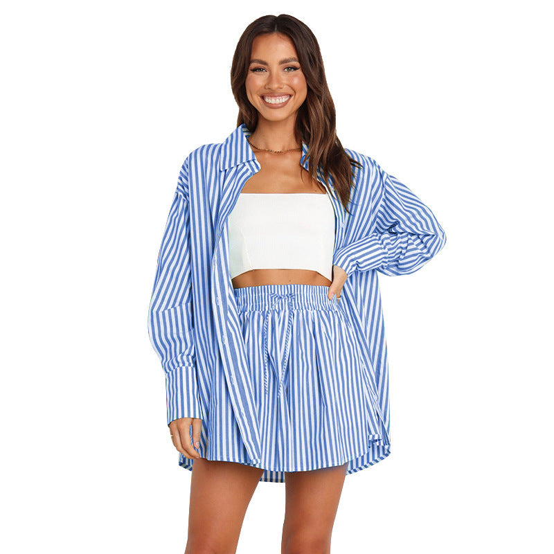 Women's Fashion Shirt Striped Long Sleeve Split Two-piece Set