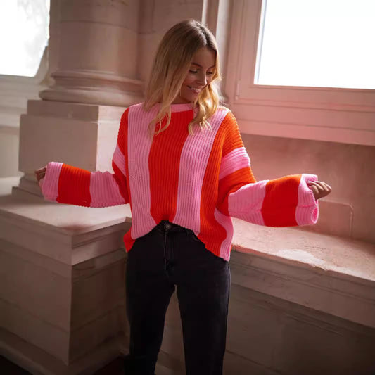 Pullover Ins Style Loose Plus Größe Vertikale Streifen Kontrast farbe Rundhals-Strick pullover