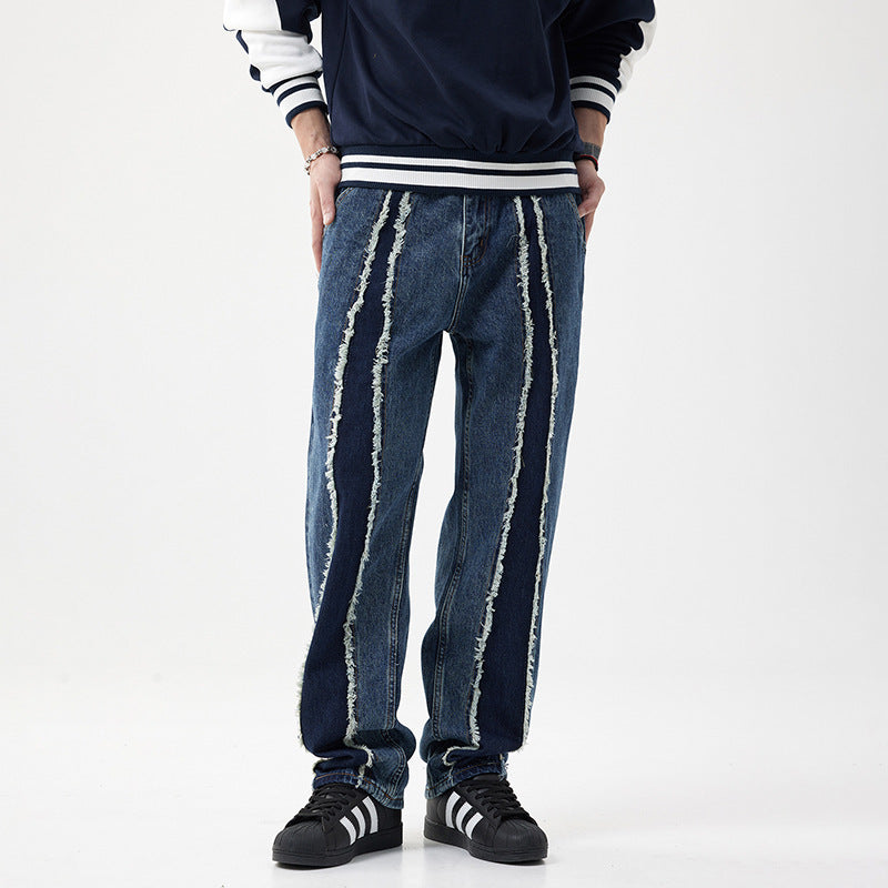 Ausgefranste Stitching Jeans Herren lose gerade gewaschene Hose