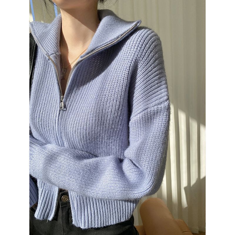 Pullover Kleine Strickjacke Damen Kurzer Preppy-Stil Stehkragen Reißverschluss Pullover Frühling und Herbst Dünner Pullover