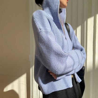 Pullover Kleine Strickjacke Damen Kurzer Preppy-Stil Stehkragen Reißverschluss Pullover Frühling und Herbst Dünner Pullover