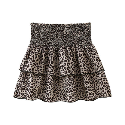 Leopard Print Hollow Lace Up Bubble Sleeve Shirt For Women's Top