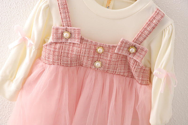 Girls Spring and Autumn New Dress Korean Style Fashionable Princess Dress Fake Two-piece Strap Skirt