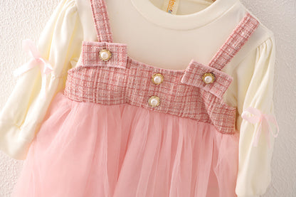 Girls Spring and Autumn New Dress Korean Style Fashionable Princess Dress Fake Two-piece Strap Skirt