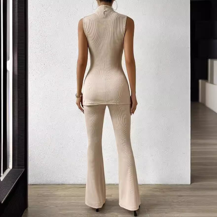 Stand collar slit bottom hem vest and wide leg pants