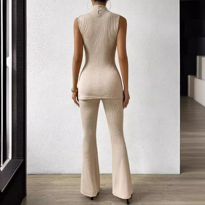 Stand collar slit bottom hem vest and wide leg pants