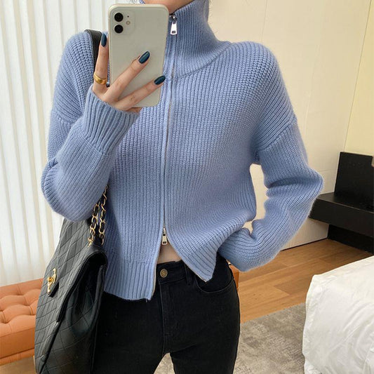 Pullover Kleine Strickjacke Damen Kurzer Preppy-Stil Stehkragen Reißverschluss Pullover Frühling und Herbst Dünner Pullover