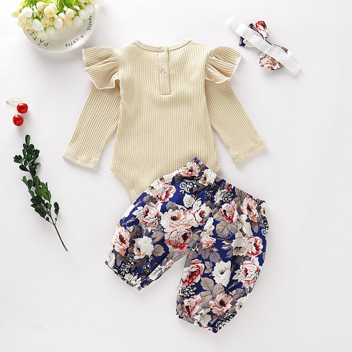 Cross-border Children Apricot Pit Strip Long Sleeve Floral Pattern Pants Three-piece Set