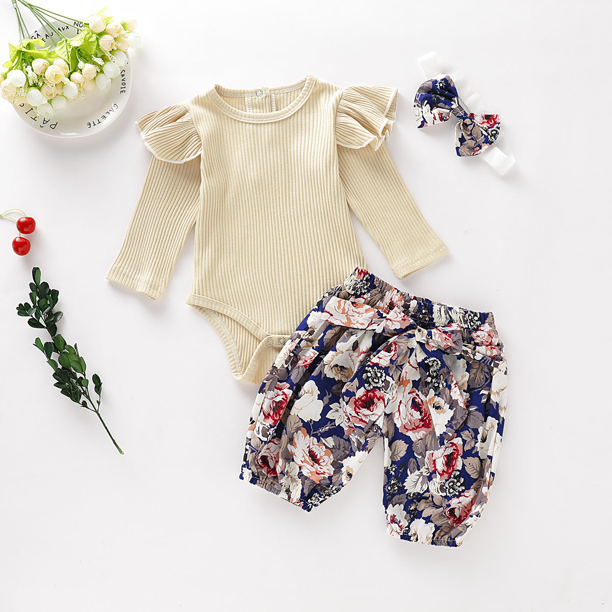Cross-border Children Apricot Pit Strip Long Sleeve Floral Pattern Pants Three-piece Set