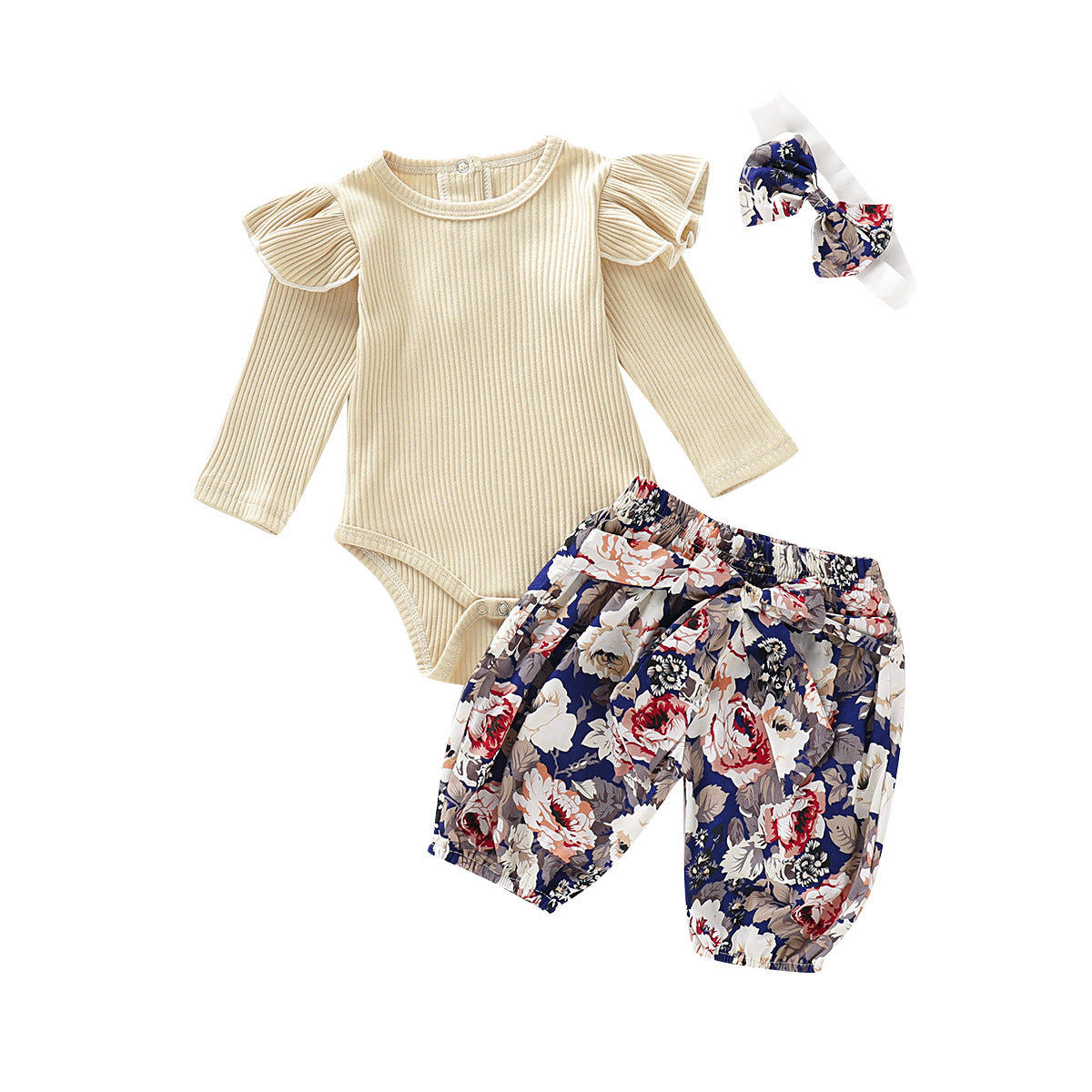 Cross-border Children Apricot Pit Strip Long Sleeve Floral Pattern Pants Three-piece Set