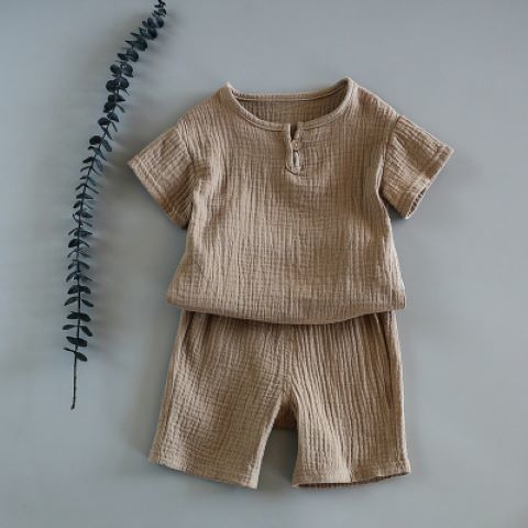 Baby Sommer Baumwolle Weiches Set Kinder Kurzarm und Shorts Zweiteiliges Set Kinderkleidung aus Baumwolle und Leinen Jungen