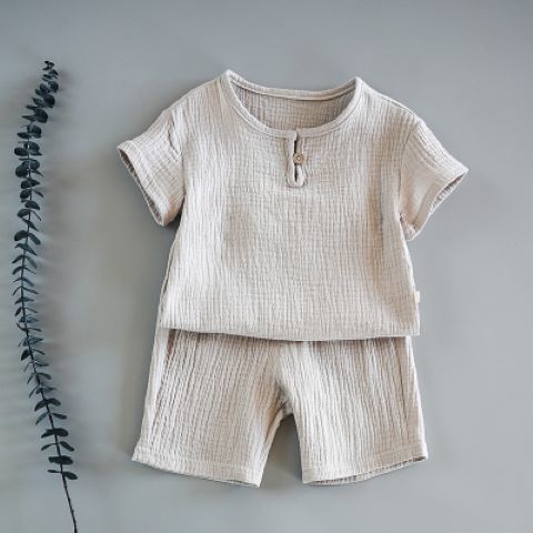 Baby Sommer Baumwolle Weiches Set Kinder Kurzarm und Shorts Zweiteiliges Set Kinderkleidung aus Baumwolle und Leinen Jungen