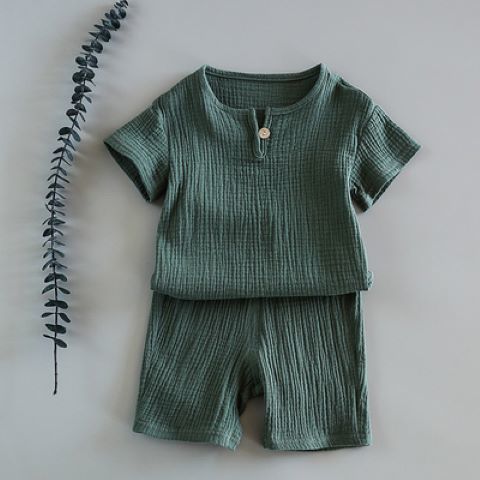 Baby Sommer Baumwolle Weiches Set Kinder Kurzarm und Shorts Zweiteiliges Set Kinderkleidung aus Baumwolle und Leinen Jungen