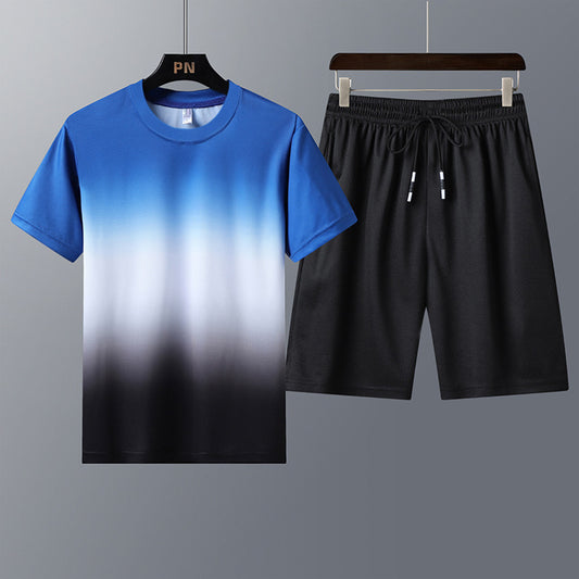 Sports Suit Men Round Neck Gradient Short Sleeves Shorts Quick-Drying Running Casual Two-Piece Suit