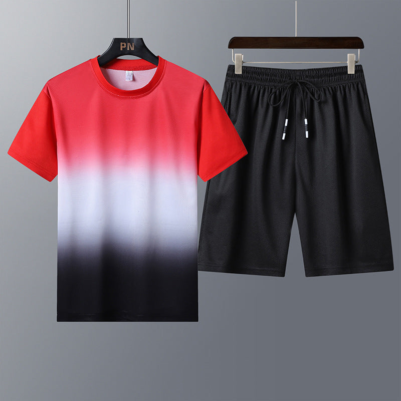 Sports Suit Men Round Neck Gradient Short Sleeves Shorts Quick-Drying Running Casual Two-Piece Suit