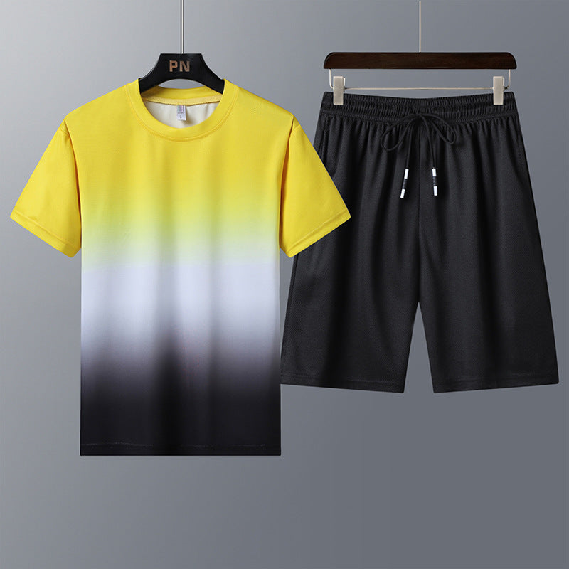 Sports Suit Men Round Neck Gradient Short Sleeves Shorts Quick-Drying Running Casual Two-Piece Suit