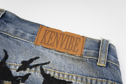 Punk Used Look zerrissene Buchstaben Denim Hose Herren