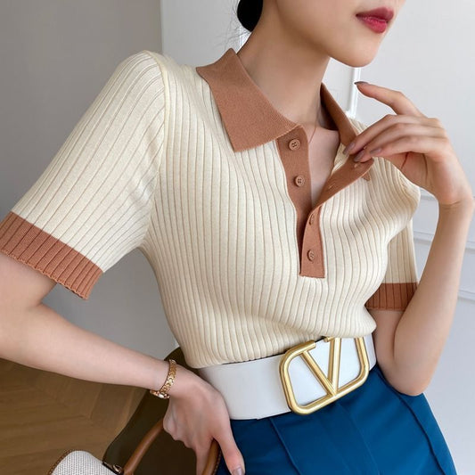Damen Kontrastfarbiges T-Shirt mit Polokragen aus Eisseide – Leichtes Kurzarm-Top