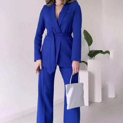 Damen Mode einfarbig Polo Kragen Schnürung Taille Temperament Twinset