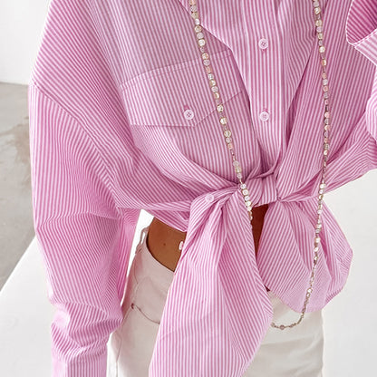 Damen Preppy Style Süßes Rosa Gestreiftes Loses Äußeres Baumwoll hemd