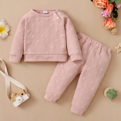 Frühling und Herbst Jungen- und Mädchenanzug Baby Bonbonfarben Einfarbig mit Polka-Dots Rundhalsausschnitt Langarmhosen Kinderkleidung