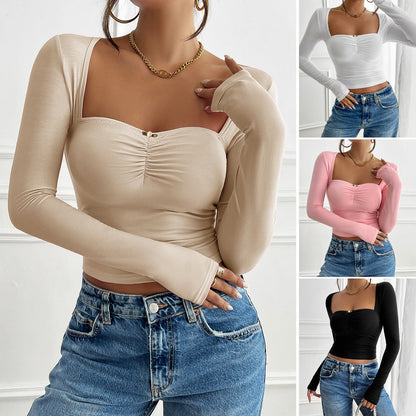 Damen Elegantes, schlank geschnittenes, gefaltetes, lang ärmel iges Oberteil-T-Shirt