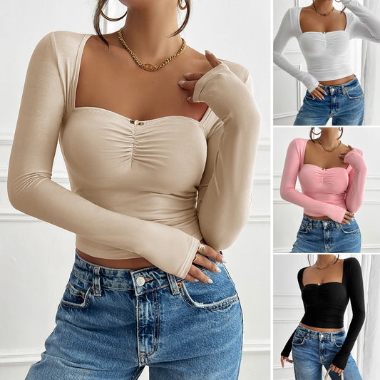 Damen Elegantes, schlank geschnittenes, gefaltetes, lang ärmel iges Oberteil-T-Shirt
