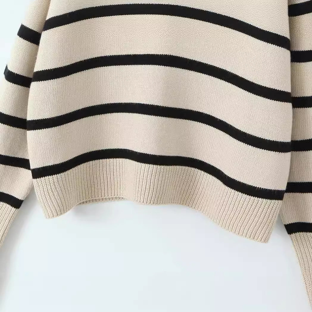 Damen Lockerer Lässiger Großer Revers Gestreifter Langarm-Pullover