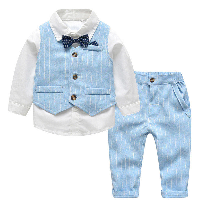Baby Jungen Anzug, Weißes Hemd mit Krawatte, Gestreifter Weste, Drei-teilige Hose, Frühling und Herbst