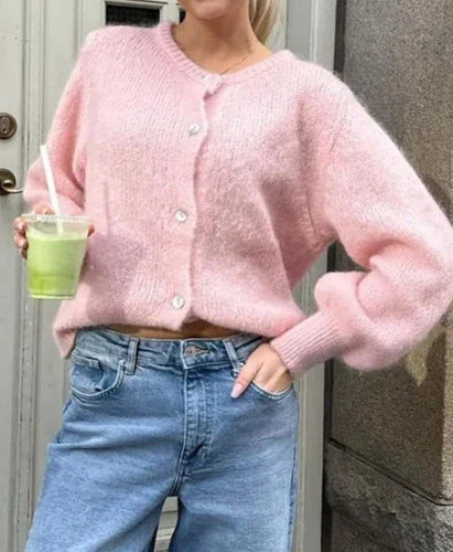 Einreihiger Cardigan-Pullover-Mantel mit rundem Ausschnitt einfarbig