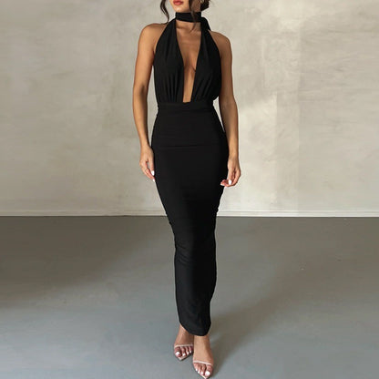 Women's fashion sexy deep V backless dress