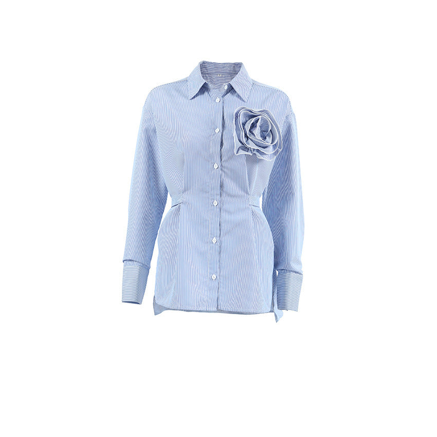 Lässiges Slim-Fit Langarmshirt mit Streifen und blauen Blumen aus Polyester-Baumwollmischung