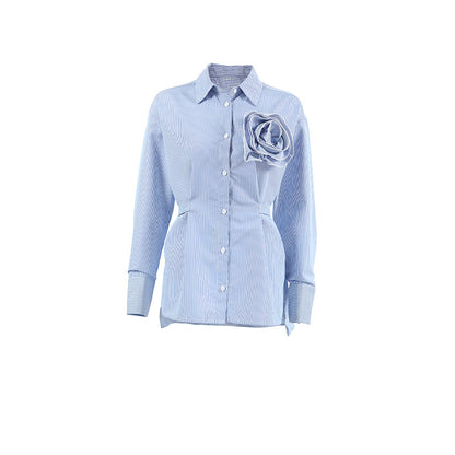 Lässiges Slim-Fit Langarmshirt mit Streifen und blauen Blumen aus Polyester-Baumwollmischung
