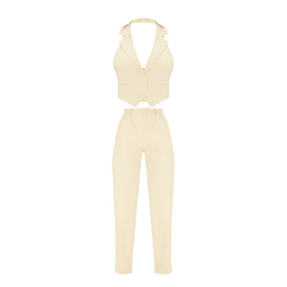 Niche Women's Asymmetric Collar Halter Vest Suit Casual Trousers Two-piece Set