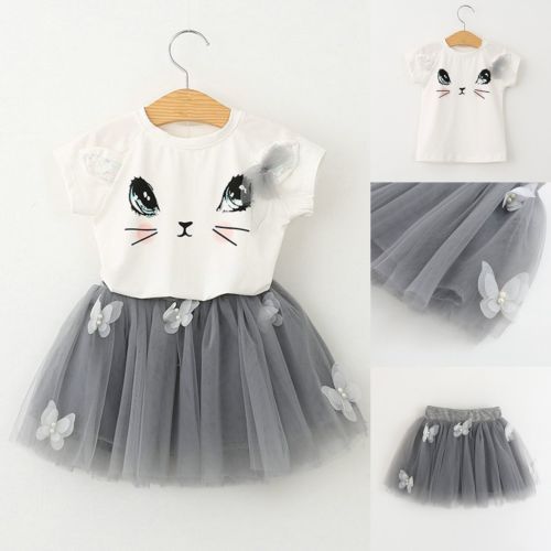 New Girl Kids Cute Cat Short Sleeve T-Shirt with Butterfly Beads and Puff Skirt Set 