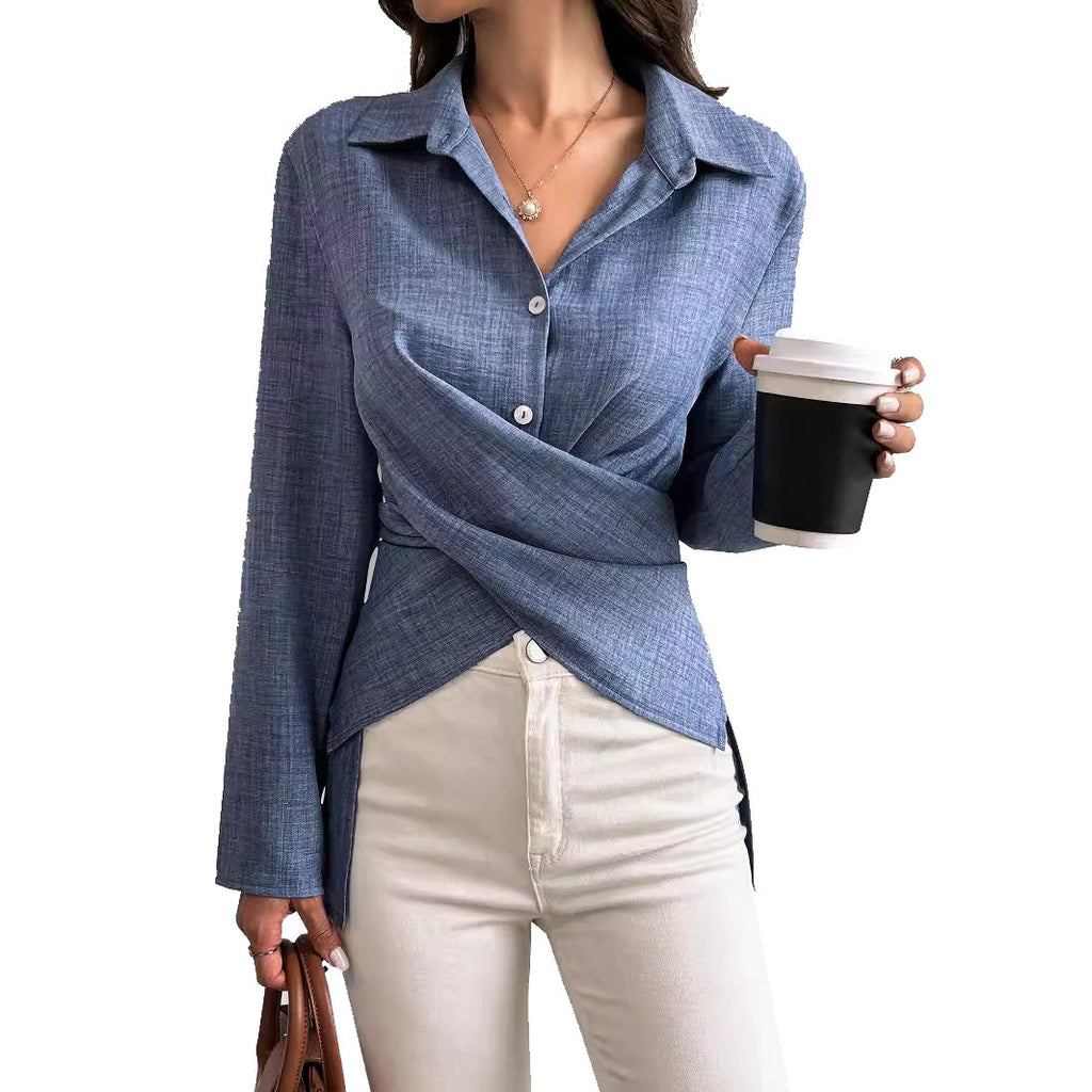 Long-sleeved shirt with cross tie and pleat design