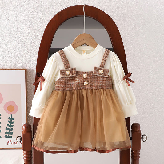Girls Spring and Autumn New Dress Korean Style Fashionable Princess Dress Fake Two-piece Strap Skirt