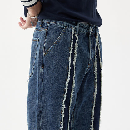 Ausgefranste Stitching Jeans Herren lose gerade gewaschene Hose