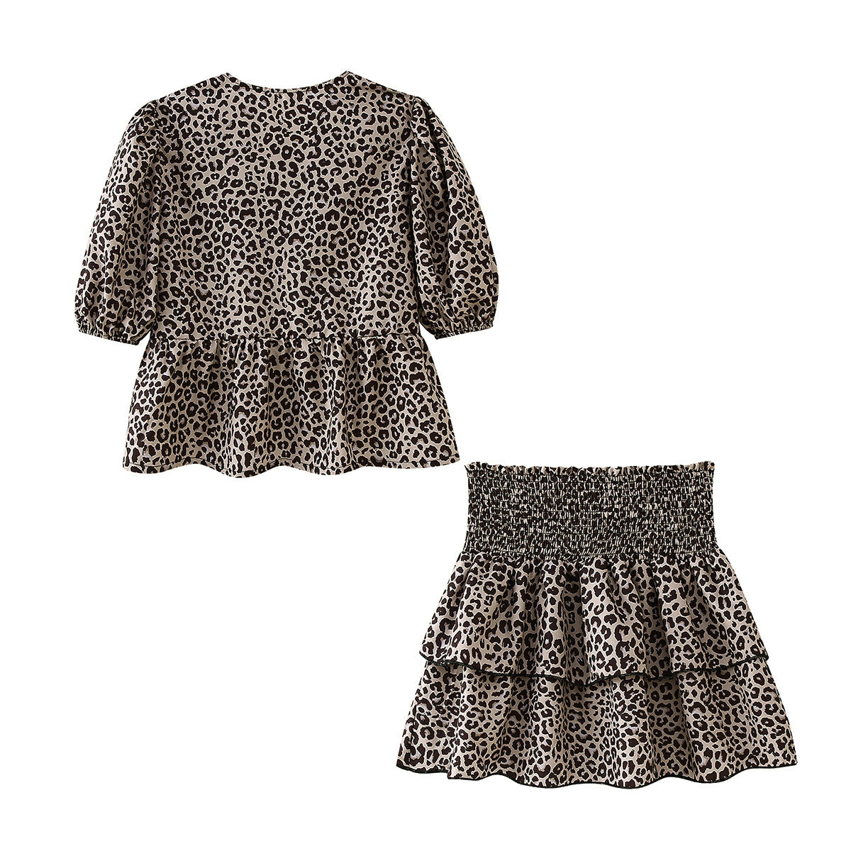 Leopard Print Hollow Lace Up Bubble Sleeve Shirt For Women's Top