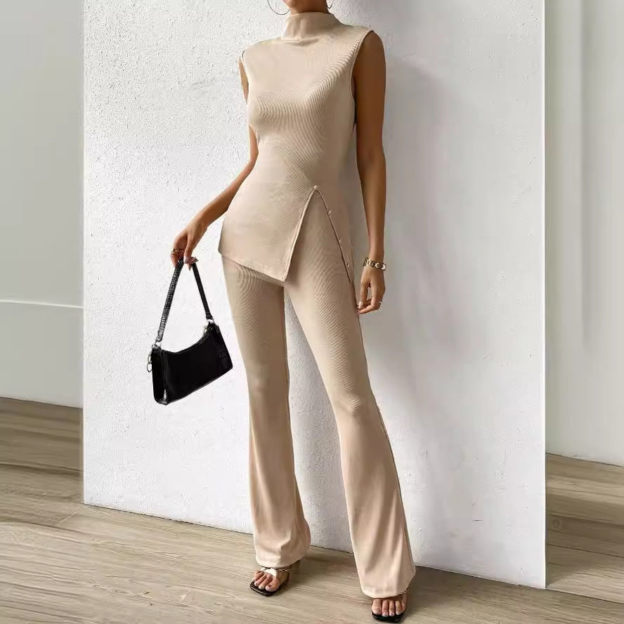 Stand collar slit bottom hem vest and wide leg pants