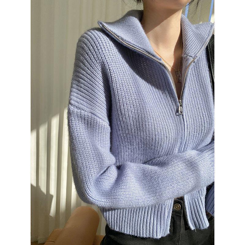 Pullover Kleine Strickjacke Damen Kurzer Preppy-Stil Stehkragen Reißverschluss Pullover Frühling und Herbst Dünner Pullover