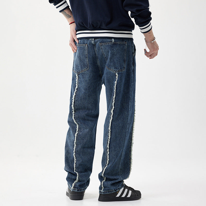 Ausgefranste Stitching Jeans Herren lose gerade gewaschene Hose