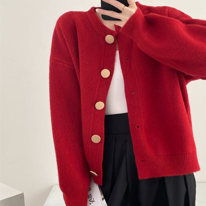 Rundhals Einfarbige Lockere Strickjacke Damen Herbst und Winter