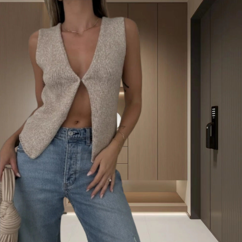 Tiefer V-Ausschnitt Sexy Weste Ärmellose Strick Tupf Strickjacke