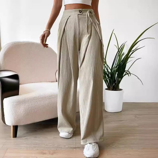 Damen High-Waist Weitbein-Hose mit Kordelzug und Patchwork – Lässige Gerade Hose