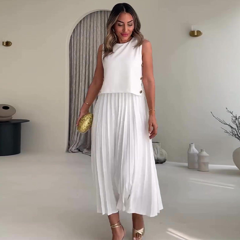 Sleeveless Top High Waist Pleated Skirt Suit