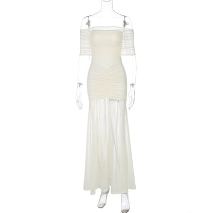 Damen Off-Shoulder Mesh-Faltenkleid