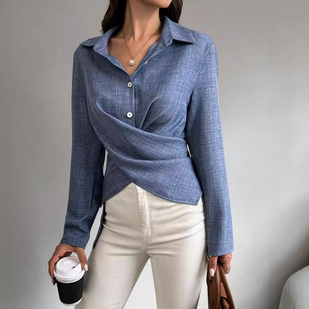 Long-sleeved shirt with cross tie and pleat design