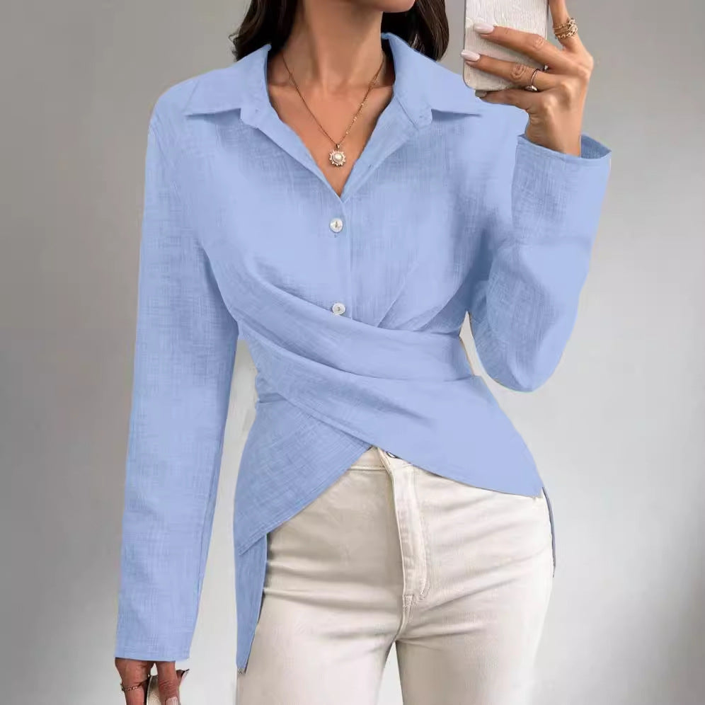 Damen Langarm-Shirt mit Kreuzbinde und Falten-Design